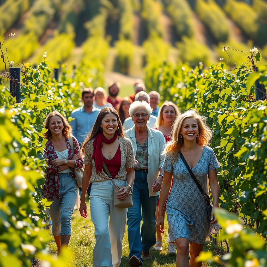 Lachende Menschen in den Weinbergen